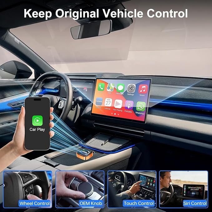 Wireless CarPlay Adapter 4 in 1 Car Screen Mirroring Adapter to Play TV on Car Screen for iPhone & Android, Upgrade Support Airplay&Mirror Link,CarPlay&Android Auto,Wired to Wireless,Plug and Play