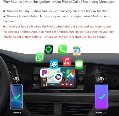 2IN1 Wireless CarPlay Android Auto Adapter for Apple iPhone ＆ Android (2025-2026 Upgrade), Convert Original Wired to Wireless CarPlay Adapter USB Dongle, Plug & Play, Fast Stable Connection