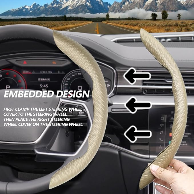 2pcs (Khaki) Universal Fit Carbon Fiber Steering Wheel Cover, Anti-Skid Steering Wheel Cover/Segmented Steering Wheel Protector/Car Interior Accessories