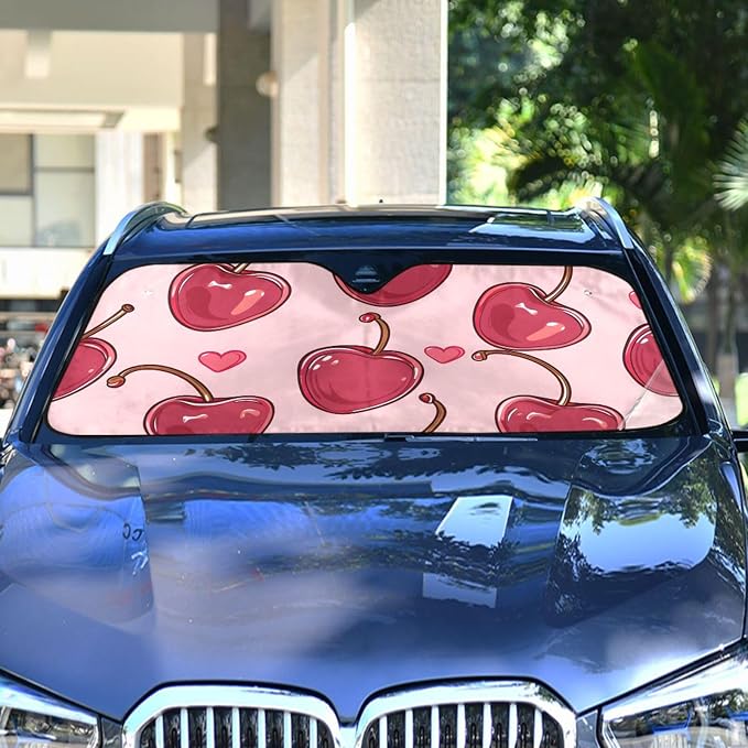 Cherries Hearts Pink Windshield Sunshade Car Sun Shade Blocks UV Rays Visor Protector Accordion Folding Sun Reflector Auto Sunshade for Truck SUV