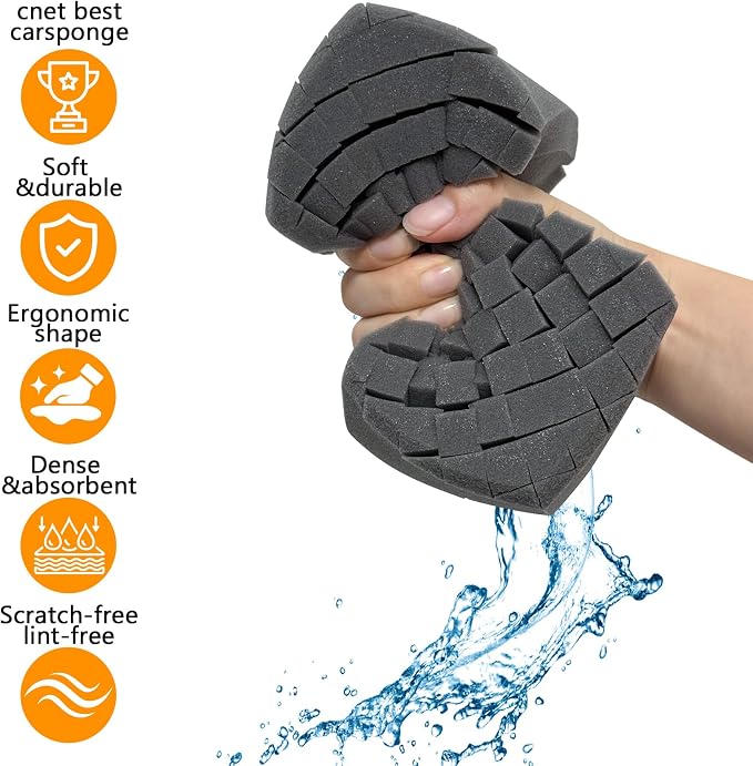 2Pack Grid Car Wash Sponge, Saiqiang Car Detailing Sponges Durable Foams Rinseless Washing Cross-Cut Scratch-Free for Cleaning Accessories Gray