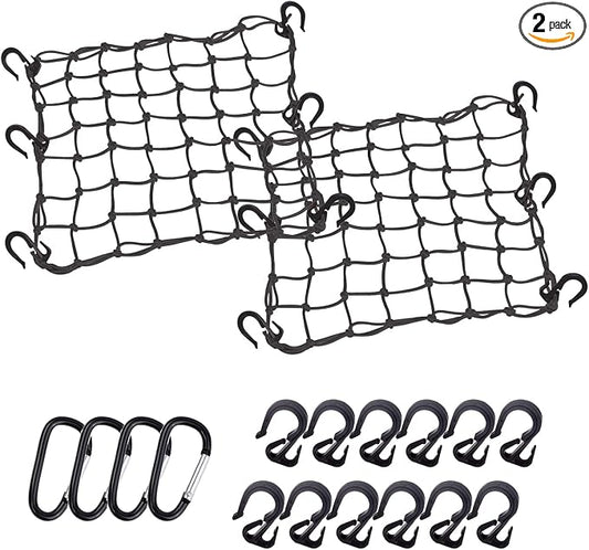 Cargo Net 15"x15" Stretches to 30"x30" with Thicken Hooks | Natural Latex Core, Tight 2”x2” Mesh Small Heavy Duty Bungee Net for Motorcycle Helmet, Bike, ATV, UTV, Luggage (Black, 2 Pack)