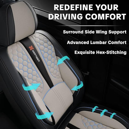 Car Seat Cover Set, Interior Accessories, Black and Gray, Waterproof Leather, With Lumbar Support, Airbag Compatible, Non-slip, 5-Piece Full Set, Pet-Friendly Car Seat Covers, Fits Most Vehicle Models