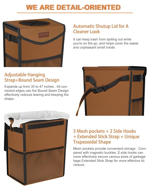 Pritent Car Trash Can with Lid, Cute Leakproof Car Trash Garbage Bag Hanging Vehicle Trash Bin Small Portable Automotive Garbage Cans Organizer for Back/Front Seat(Trapezoid,Brown)