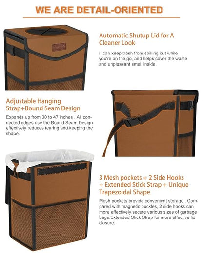 Pritent Car Trash Can with Lid, Cute Leakproof Car Trash Garbage Bag Hanging Vehicle Trash Bin Small Portable Automotive Garbage Cans Organizer for Back/Front Seat(Trapezoid,Brown)
