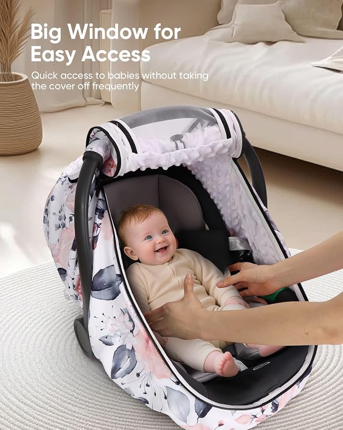 Car Seat Cover Baby Girls, Infant Car Seat Canopy Outdoor, 2 Layers with Mesh and Sun Shade Window for Summer Winter, Easy Access Carseat Covers Snug Fit Baby Stroller - Pink Floral