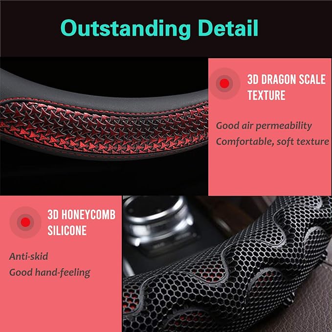 PINCTROT Large Size Steering Wheel Cover Great Grip with 3D Honeycomb Anti-Slip Design, 15.5-15.75 Inch (Wine Red)