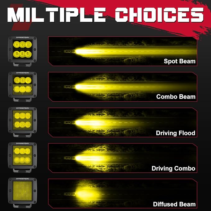 Amber LED Cubes, OFFROADTOWN 3inch 120W CREE LED Pods Yellow Fog Chase Lights Waterproof Off Road Light Cubes Backup Reverse Lights for Truck Pickup Motorcycle UTV ATV SUV Boat 4x4 Car - Driving Combo