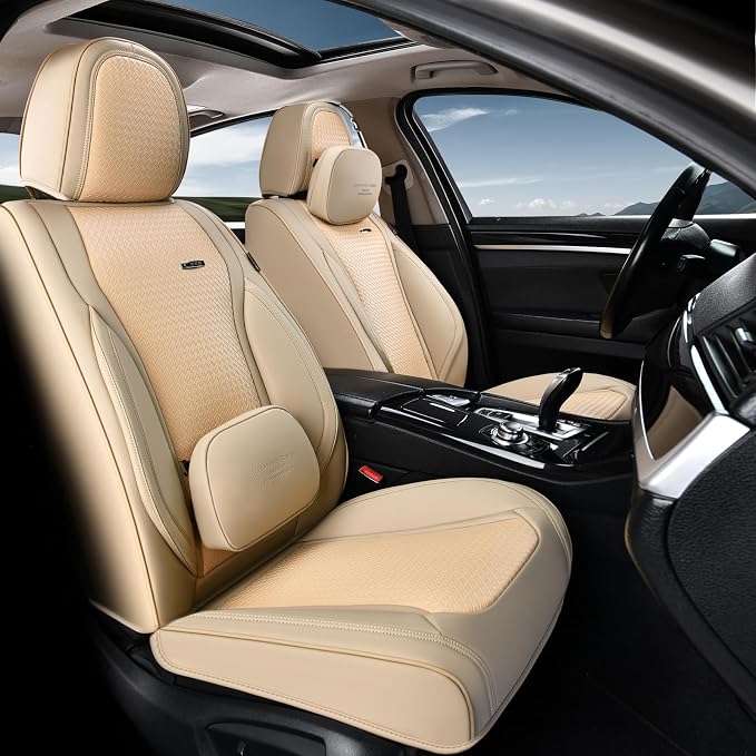 Coverado Car Seat Covers Full Set, Beige Seat Covers for Cars, Waterproof Nappa Leather Automotive Seat Covers with Lumbar Head Pillow, Car Seat Protectors, Universal Fit for Most Cars SUV