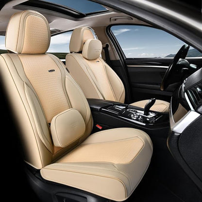 Coverado Car Seat Covers Full Set, Beige Seat Covers for Cars, Waterproof Nappa Leather Automotive Seat Covers with Lumbar Head Pillow, Car Seat Protectors, Universal Fit for Most Cars SUV