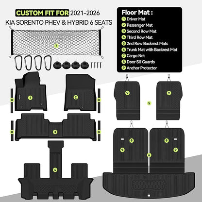Tongama-Floor Mats for 2021-2026 Kia Sorento PHEV & Hybrid 6 Seats/Captain Seat, All Weather TPE Trunk Mat with Backrest Mat & 2nd Row Backrest Mats & Cargo Net & Door Sill Guards