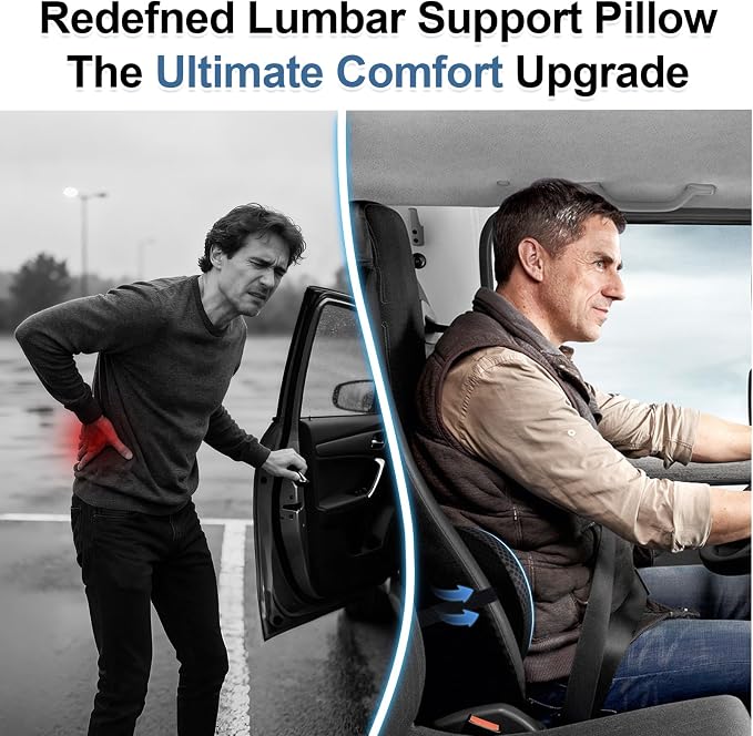 Lumbar Support Pillow for Car, Ergonomic Back Cushion with Strap, Memory Foam Lower Back Support Cushion for Driving, Lumbar Pillow for Pain Relief, for Office Chair, Long Sitting (Black 4D Mesh)