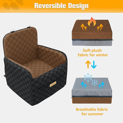 PETICON Waterproof Dog Car Seat for Small Medium Dogs, 6in Memory Foam Pet Booster Seat for Dogs up to 26 lbs with Pockets, Detachable Washable Pet Carseat with Y-Shape Safety Belt