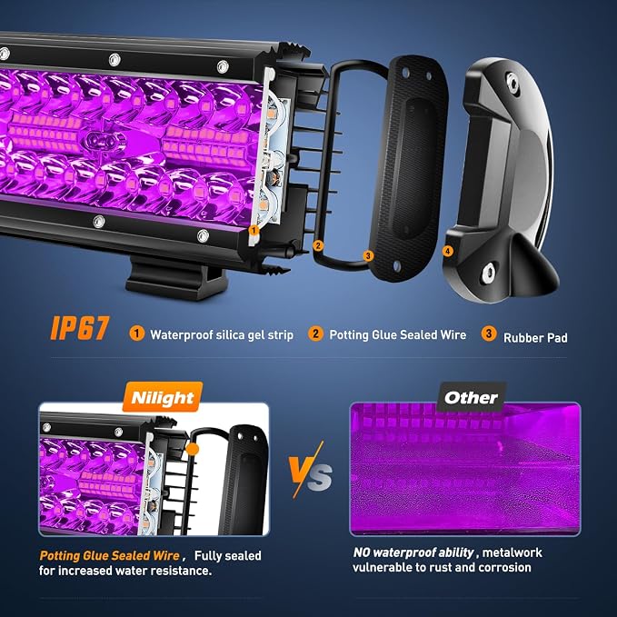 Nilight 12 Inch LED Light Bar Purple Triple Row 240W Flood Spot Combo Off Road Driving Decoration Neon Hunting Lighting for UTV Pick-up Van Boat Tractor