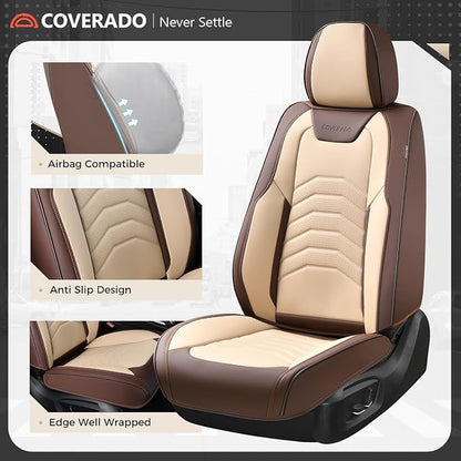 Coverado Seat Covers for Cars, 5 Seats Seat Covers Full Set, Faux Leather Seat Covers for Cars, Automotive Seat Covers Universal Car Seat Protector Seat Cushion Fit for Most Cars Trucks, Coffee&Beige