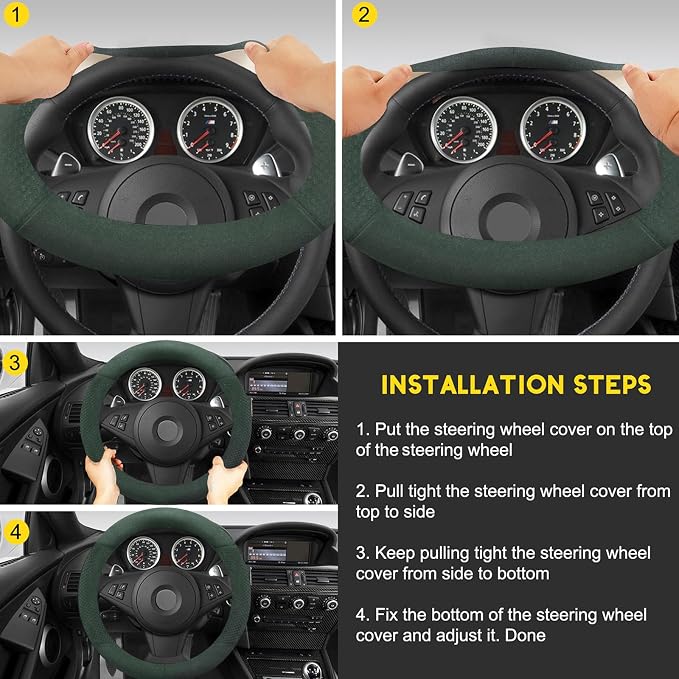 Suede Steering Wheel Cover with Upgraded Silicone Inner Ring, Breathable, Anti-Slip, Leather Universal 14.5 to 15 Inch Steering Wheel Cover (Green with Embossing Pattern)