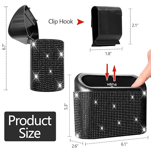NBTEPEM Bling Car Trash Can with Lid - 2 Pack, Mini Auto Garbage Can with 60 Trash Bags, Automotive Garbage Container Bin, Bling Car Accessories Trash Can for Women (Black Diamond)