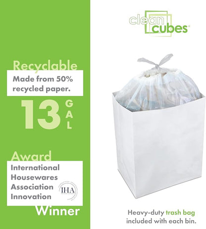 Clean Cubes 13 Gallon Disposable Pop-Up Trash Cans (6-Pack) with Fitted Bags – Foldable Garbage & Recycling Bins for Parties, Events & Kitchen (White, 17" H x 13.5" W x 10" D)