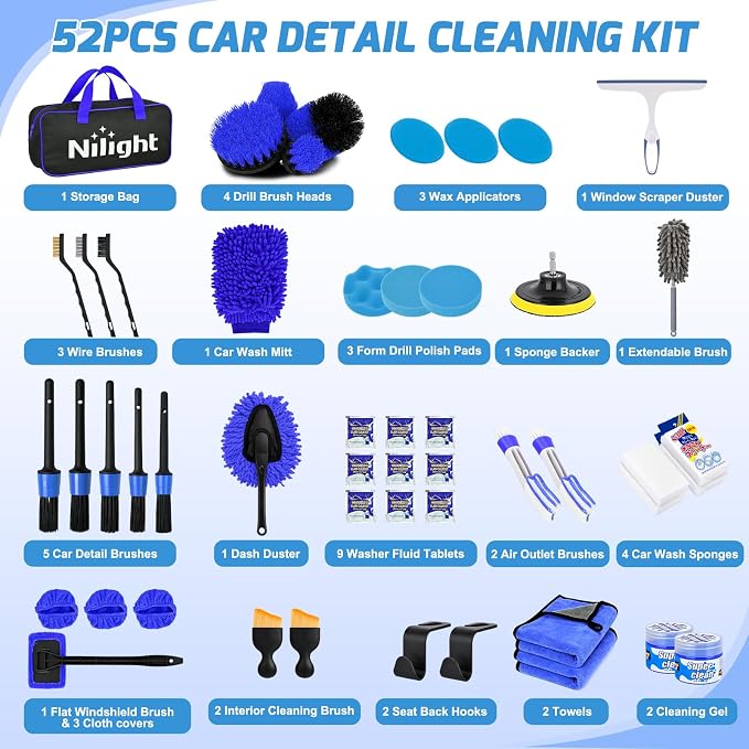 Nilight 52PCS Car Detailing Kit Auto Cleaning Tools Wash Set with Storage Carry Bag Home Use for Interior Exterior Deep Clean Polish Car Care Windshield Dashboard Seat Air Vents Wheels Tires, Blue