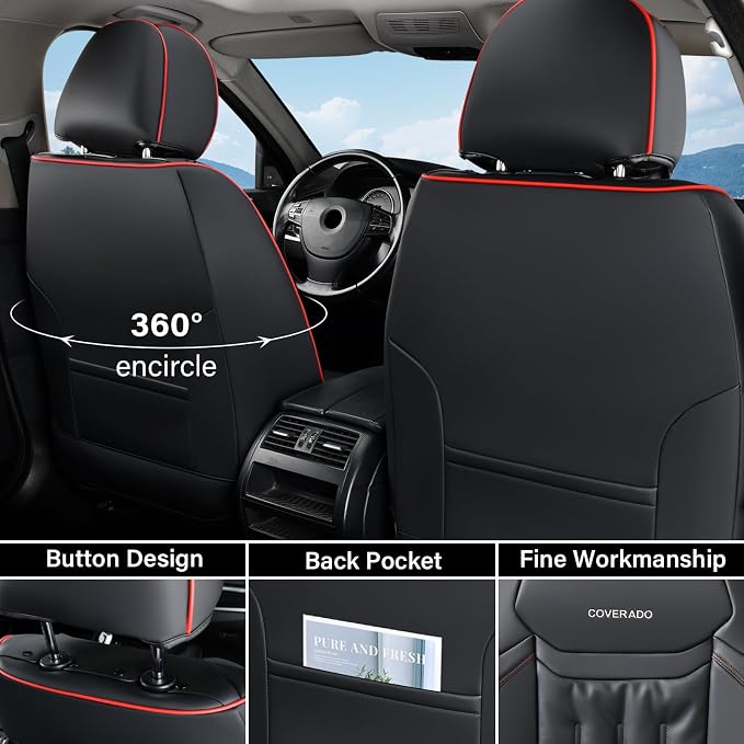 Coverado Car Seat Covers, Full Set Seat Covers for Cars 5 Seats, Car Seat Protector, Waterproof Nappa Leather Car Seat Cushion, Universal Fit for Most Cars, Black&Red Line