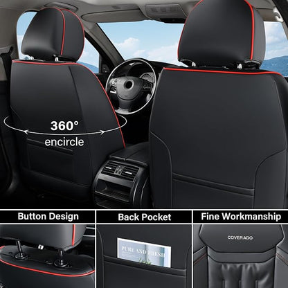 Coverado Car Seat Covers, Full Set Seat Covers for Cars 5 Seats, Car Seat Protector, Waterproof Nappa Leather Car Seat Cushion, Universal Fit for Most Cars, Black&Red Line