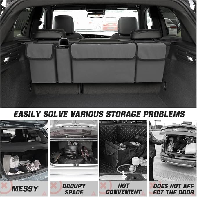 AUCELI Car Trunk Organizer, Backseat Hanging Large Storage with Adjustable Straps, Waterproof Collapsible Cargo Bag with 4 Pockets, Sturdy Space Saver Frees Trunk Floor for SUV, Truck, MPV