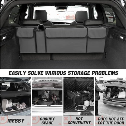 AUCELI Car Trunk Organizer, Backseat Hanging Large Storage with Adjustable Straps, Waterproof Collapsible Cargo Bag with 4 Pockets, Sturdy Space Saver Frees Trunk Floor for SUV, Truck, MPV
