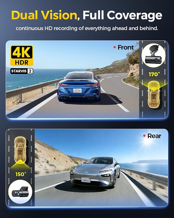 GKU 4K Dual Dash Cam Front and Rear, STARVIS 2 Sensor, 5.8GHz WiFi6 Up to 20MB/s, Voice Control, Dash Camera with GPS, WDR Night Vision, 24H Parking Mode, Loop Recording, Supercapacitor(No SD Card)
