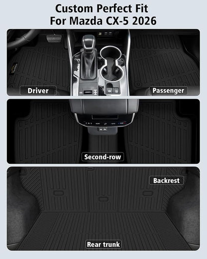 Floor Mats & Cargo Mat with Backrest Mat Custom for Mazda CX-5 2026 (Only Gas), Door Sill Guards, All Weather TPE Full Set Floor Liners Trunk Mat for CX-5 2026 Accessories