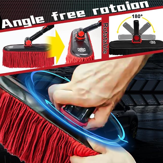 Car Duster Exterior with Extendable Handle, Scratch Free Auto Wash Brush Mop, Interior Detailing Kit for Truck RV Boat - 2in1-2 Heads (Chenille & Wax Cotton) with 1 Pole, Red Black
