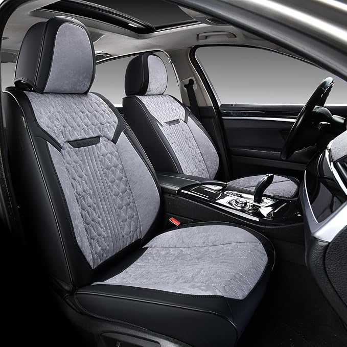 Coverado Full Set Car Seat Covers, Waterproof Leather Seat Covers for Cars with Velvet, Car Seat Protector Universal Fit for Most Vehicles（Black&Gray）