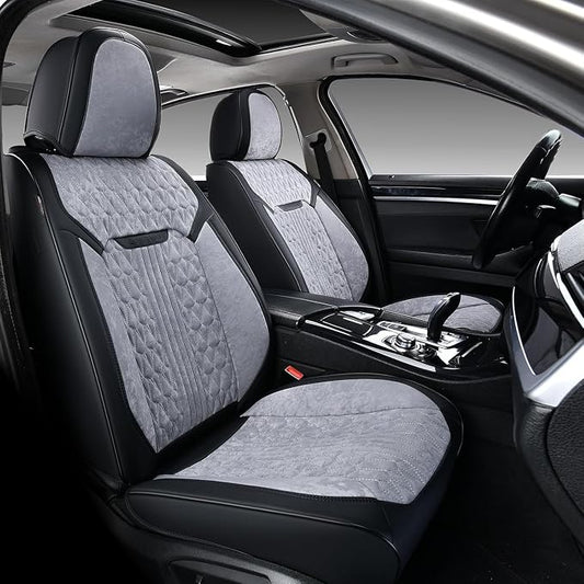 Coverado Full Set Car Seat Covers, Waterproof Leather Seat Covers for Cars with Velvet, Car Seat Protector Universal Fit for Most Vehicles（Black&Gray）