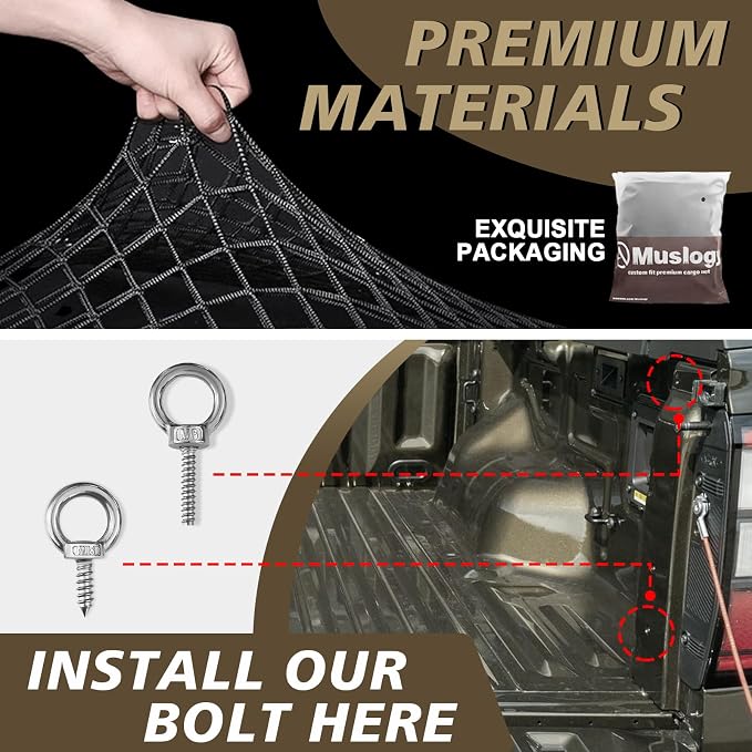 Muslogy Truck Bed Cargo Net Trunk Netting Compatible with Ford Ranger 2024 2025 2026 Accessories, Pickup Cargo Organizer SUV Sedan Storage Net w/Heavy Duty Carabiners
