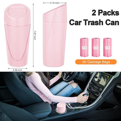 Car Trash Can, 2 Packs Mini Car Trash Bin with Lid, Leakproof Cup Holder Car Garbage Can with 60 Trash Bags, Vehicle Front Back Seat Organizers and Storage for Car, Home, Office, Pink