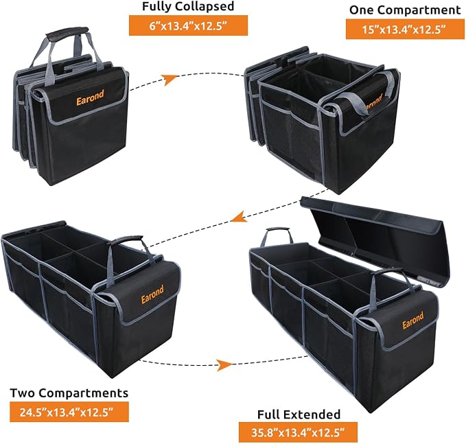 Car Trunk Organizer with Lid,Collapsible Car Storage Organizer with Multi Compartments and Securing Straps for SUV,Sedan,Jeep-Black & Grey