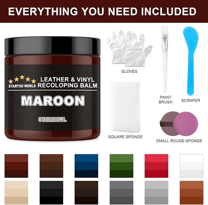 STARTSO WORLD Leather Recoloring Balm, Maroon Leather Repair Kit for Furniture, Leather Dye, Leather Color Restorer for Couches, Leather Couch Paint | Repair, Restore & Renew Old, Faded Leather