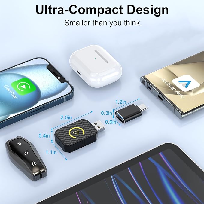 2-in-1 Wireless CarPlay and Android Auto Adapter, CarPlay Dongle Converts Wired to Wireless, Mini USB Design for Cars with Built-in Wired Apple CarPlay, Plug & Play, Auto-Connect for iPhone & Android