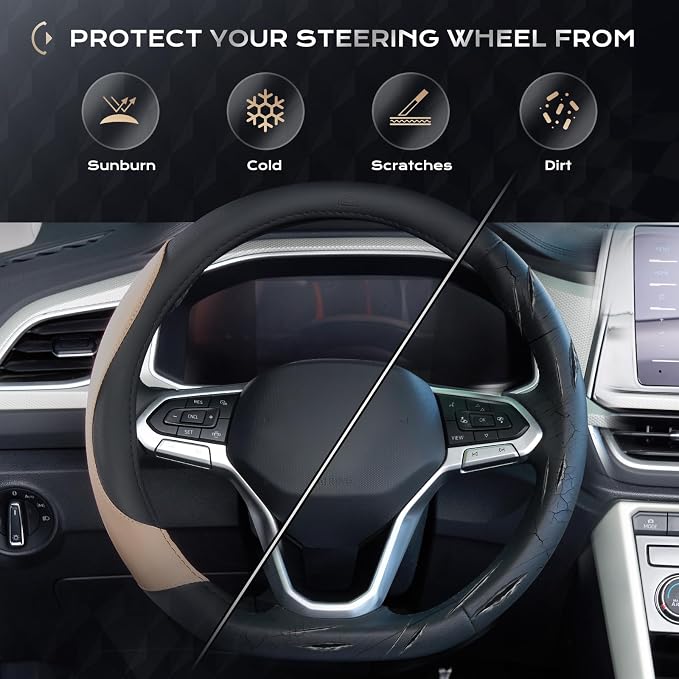 Coverado Nappa Leather Steering Wheel Cover Universal 14-15 Inch Anti-Slip Breathable Steering Wheel Protector Luxury Auto Decor for Men Women Black Brown
