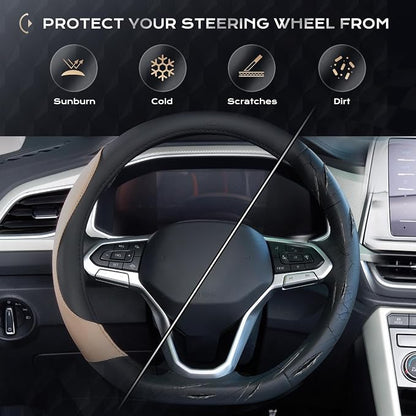 Coverado Nappa Leather Steering Wheel Cover Universal 14-15 Inch Anti-Slip Breathable Steering Wheel Protector Luxury Auto Decor for Men Women Black Brown
