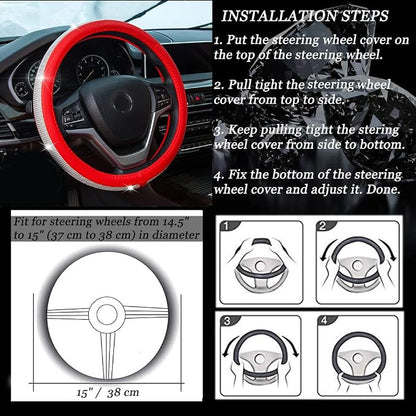 New Diamond Leather Steering Wheel Cover with Bling Bling Crystal Rhinestones, Universal Fit 15 Inch Car Wheel Protector for Women Girls Red