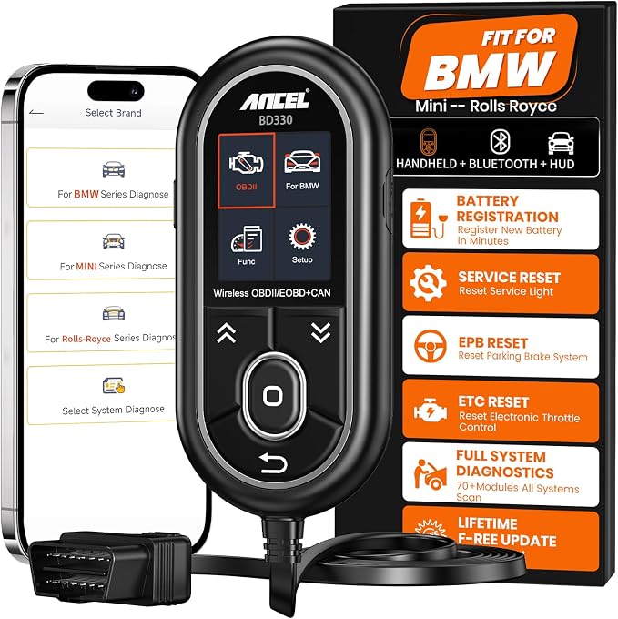 ANCEL BD330 BMW OBD2 Scanner for BMW, MINI, and Rolls-Royce Vehicles, ABS Full-System Diagnostic Scan Tool, Battery Registration/BAT Check, EPB/Oil/Throttle Reset, 3-in-1 Bluetooth/Wired/HUD- Black