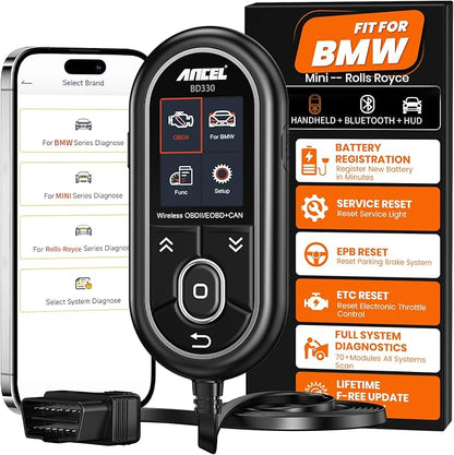 ANCEL BD330 BMW OBD2 Scanner for BMW, MINI, and Rolls-Royce Vehicles, ABS Full-System Diagnostic Scan Tool, Battery Registration/BAT Check, EPB/Oil/Throttle Reset, 3-in-1 Bluetooth/Wired/HUD- Black