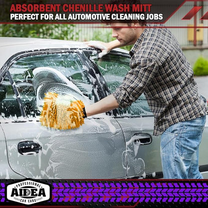 AIDEA Car Wash Mitt Microfiber, 2PK Scratch Free Lint-Free, Premium Chenille Microfiber Mitt Car Wash Brush, Orange, Extra Large Size 8''X12''