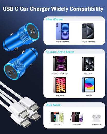 iPhone Car Charger Fast Charging,iPhone 16 Car Charger 2PACK Dual USB C PD3.0 Port CarCharging Adapter and USB C to C Braided Nylon Charging Cable Compatible with iPhone 16/16 Pro Max/15/iPad（Blue）