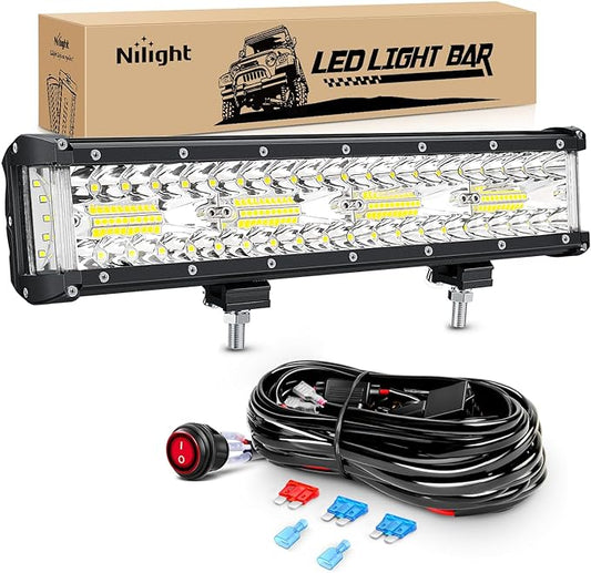 Nilight Side Shooter LED Light Bar 12 Inch Triple Row Spot Flood Combo Lights with Wiring Harness Kit for Off Road Fog Driving Lighting on Truck SUV ATV UTV
