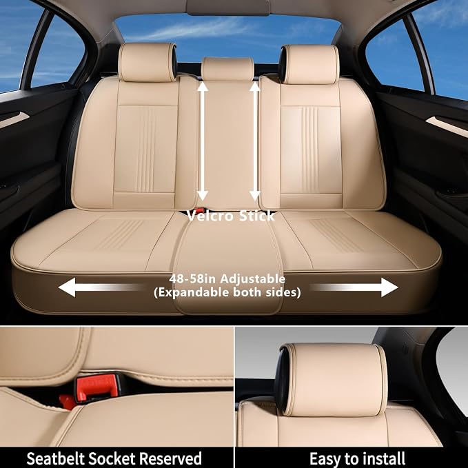 Coverado Seat Covers Full Set, Leather Car Seat Cover, Waterproof Car Seat Protector, Automotive Seat Covers Car Seat Cushion Universal Fit for Most Cars, Beige
