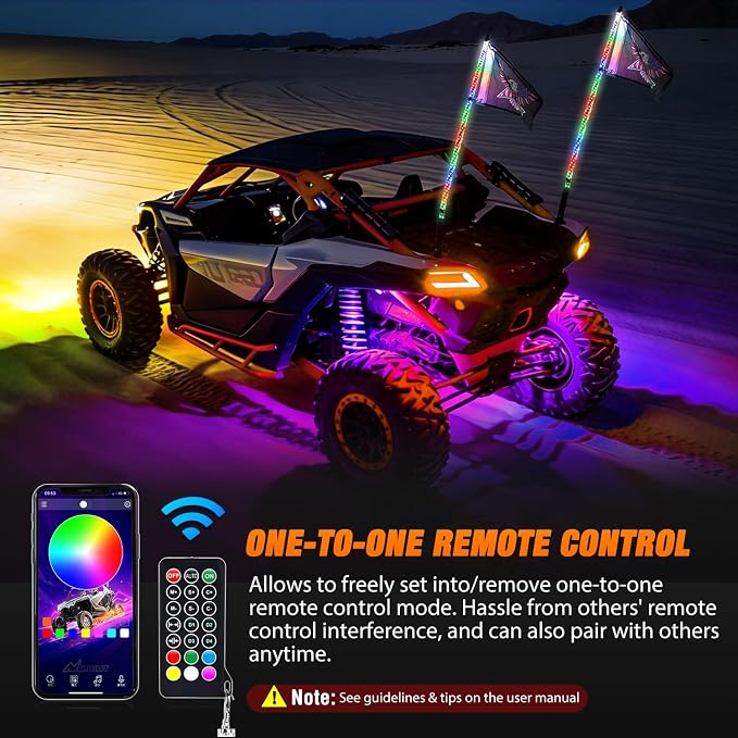Nilight 2PCS 4FT RGB LED Whip Light with Spring Base and 4 PCS Rock Lights Combo, Remote App Control w/DIY Chasing Patterns Turn Signal Brake Reverse Antenna Lighted Whips for ATV UTV Polaris RZR Jeep