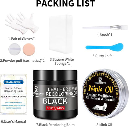 SHADAIWUYU 8.5oz Leather Recoloring Balm with 100ml Mink Oil,Black Leather Repair kit for Furniture and Car Interior,Leather Couch Scratch Repair,Leather Dye Paint,Mink Oil for Leather