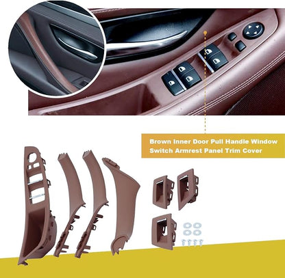 7PCS Brown Inner Door Pull Handles Kit Compatible with 5 Series F10 F11 2010-2016 520 523 525 528 530 535 Inner Window Switch Armrest Panel Trim Cover