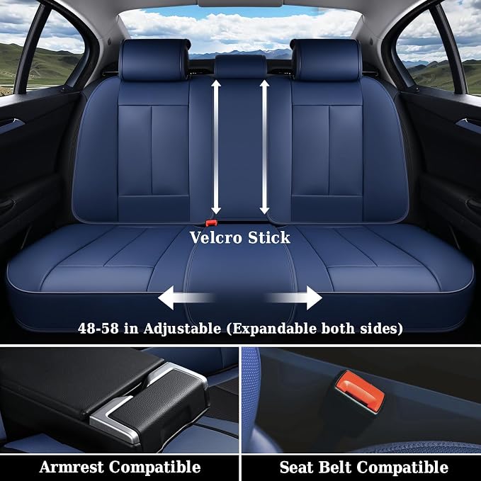Coverado Car Seat Covers Full Set, Blue Car Seat Cover, Nappa Leather Seat Covers for Cars, Waterproof Car Seat Protector with Lumbar Support, Automotive Seat Covers Universal Fit for Most Cars (Blue)